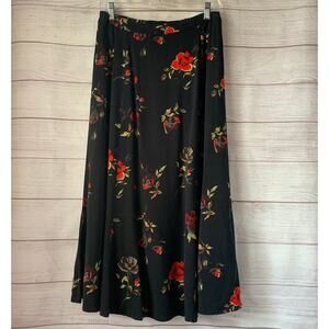 Kathy D. Katheryn Deene Vintage Black Red Floral Midi Skirt A-Line Size 14/16